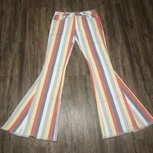 Saints & Hearts Flare Jeans Women's Large Muted Stripes Frayed Hem High Rise Fal